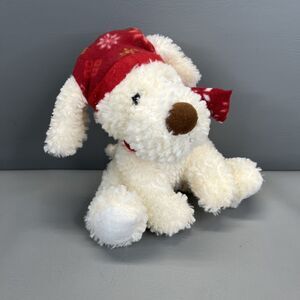 American Greetings Plush White Puppy Dog w Red Hat And Scarf Stuffed Animal